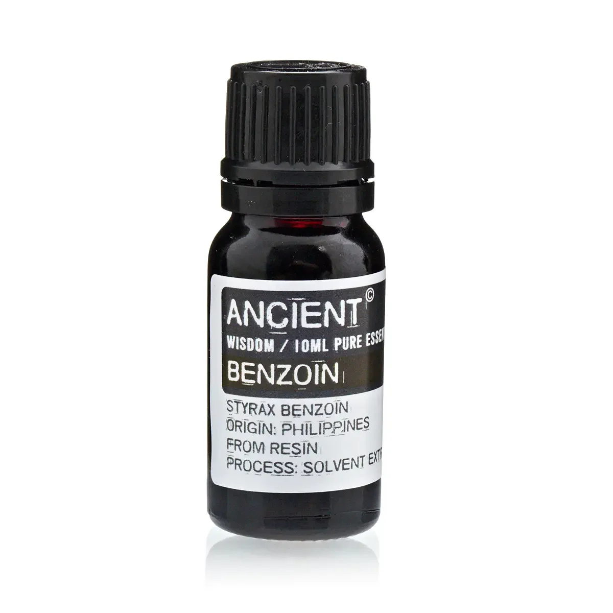 Small glass bottle of 10 ml benzoin essential oil with clear label and cap.