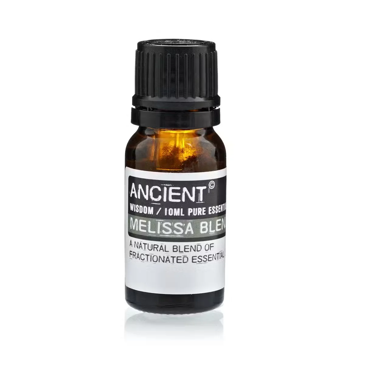 10ml essential oil bottle labelled Melissa (Blend), clear glass cap, small label, surrounded by light.