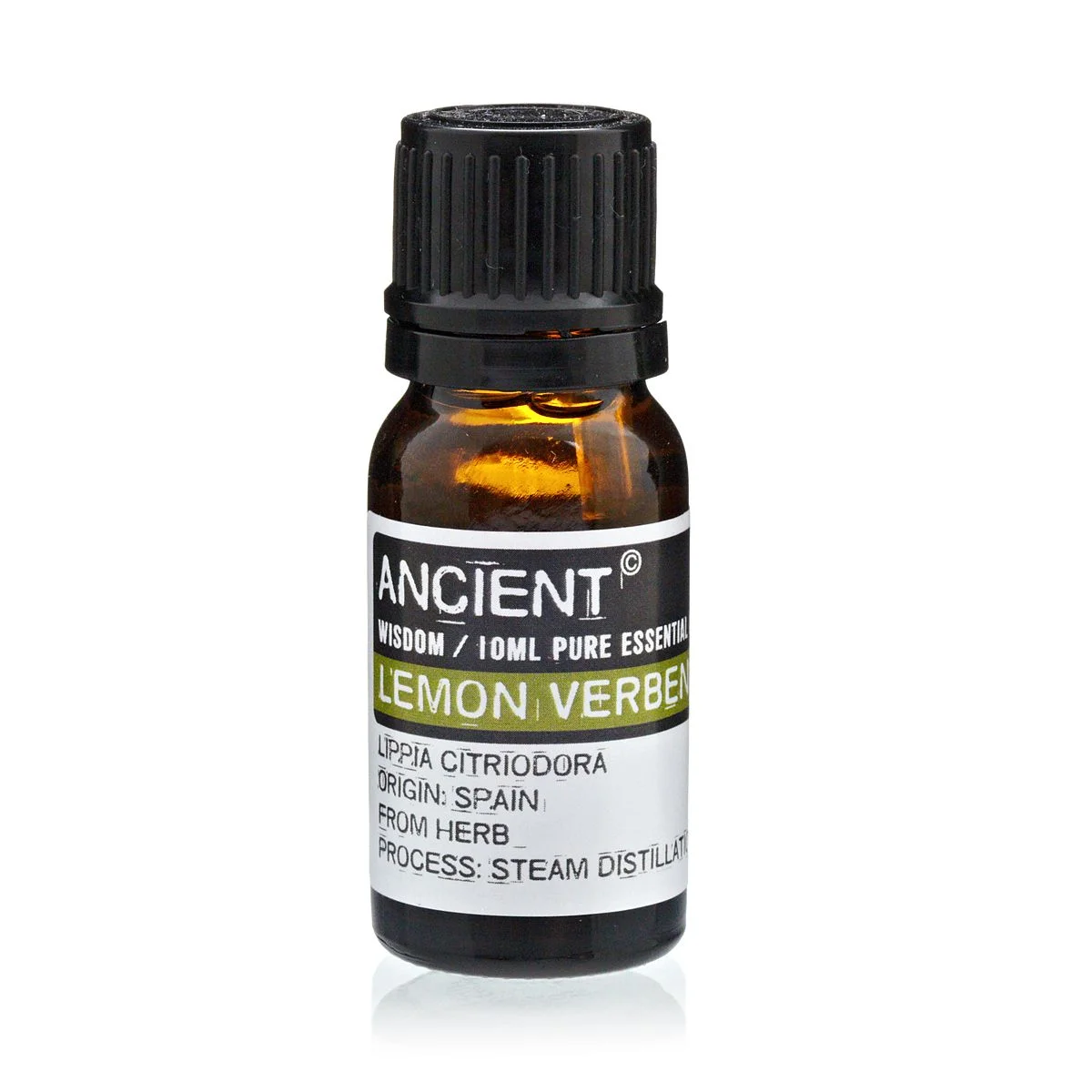 10 ml bottle of lemon verbena essential oil in clear glass with liquid inside.