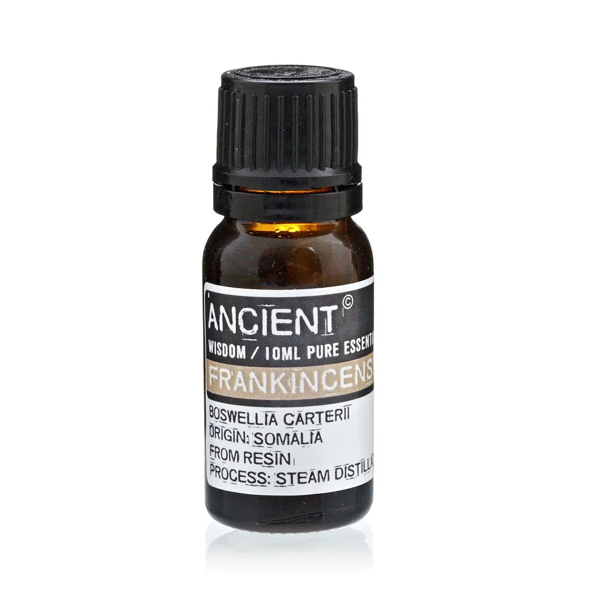 Clear glass bottle of 10 ml frankencense essential oil, dark amber liquid, cap on top