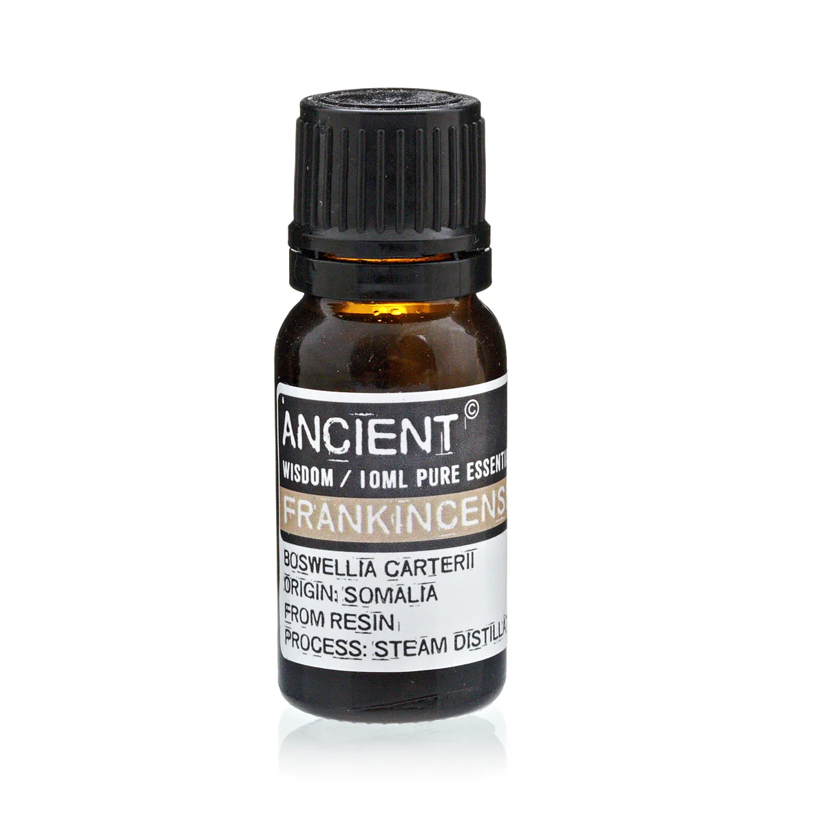 10 ml essential oil bottle of frankincense, clear glass, black cap, labeled “Frankincense (Pure)”