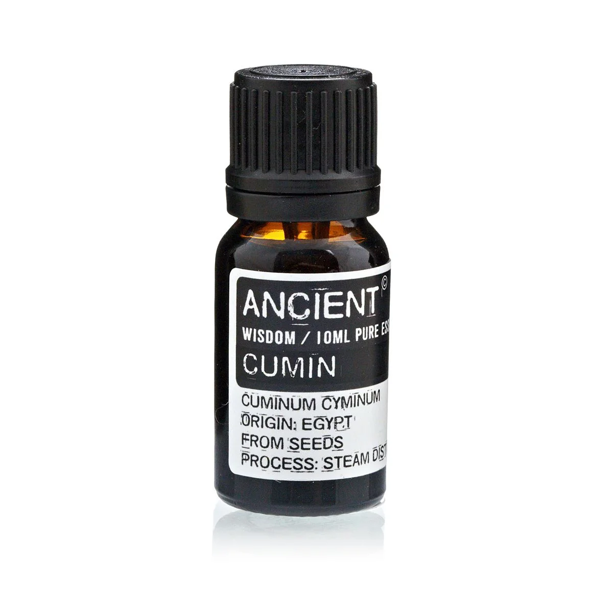Clear glass jar holding 10 ml of cumin seed essential oil, labeled with the product name.
