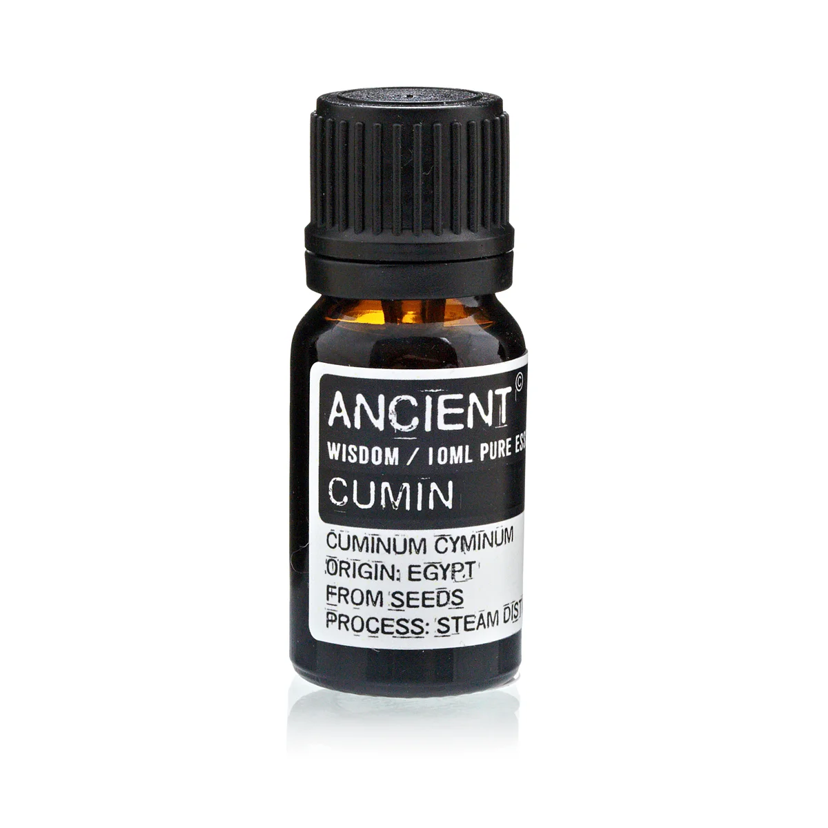 Clear glass bottle of 10 ml cumin seed essential oil with dark label and plastic cap