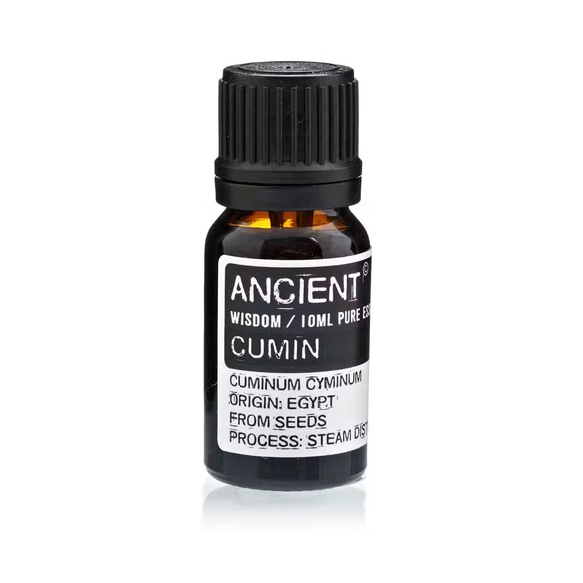 Clear glass bottle labeled 10 ml Cumin Seed essential oil.