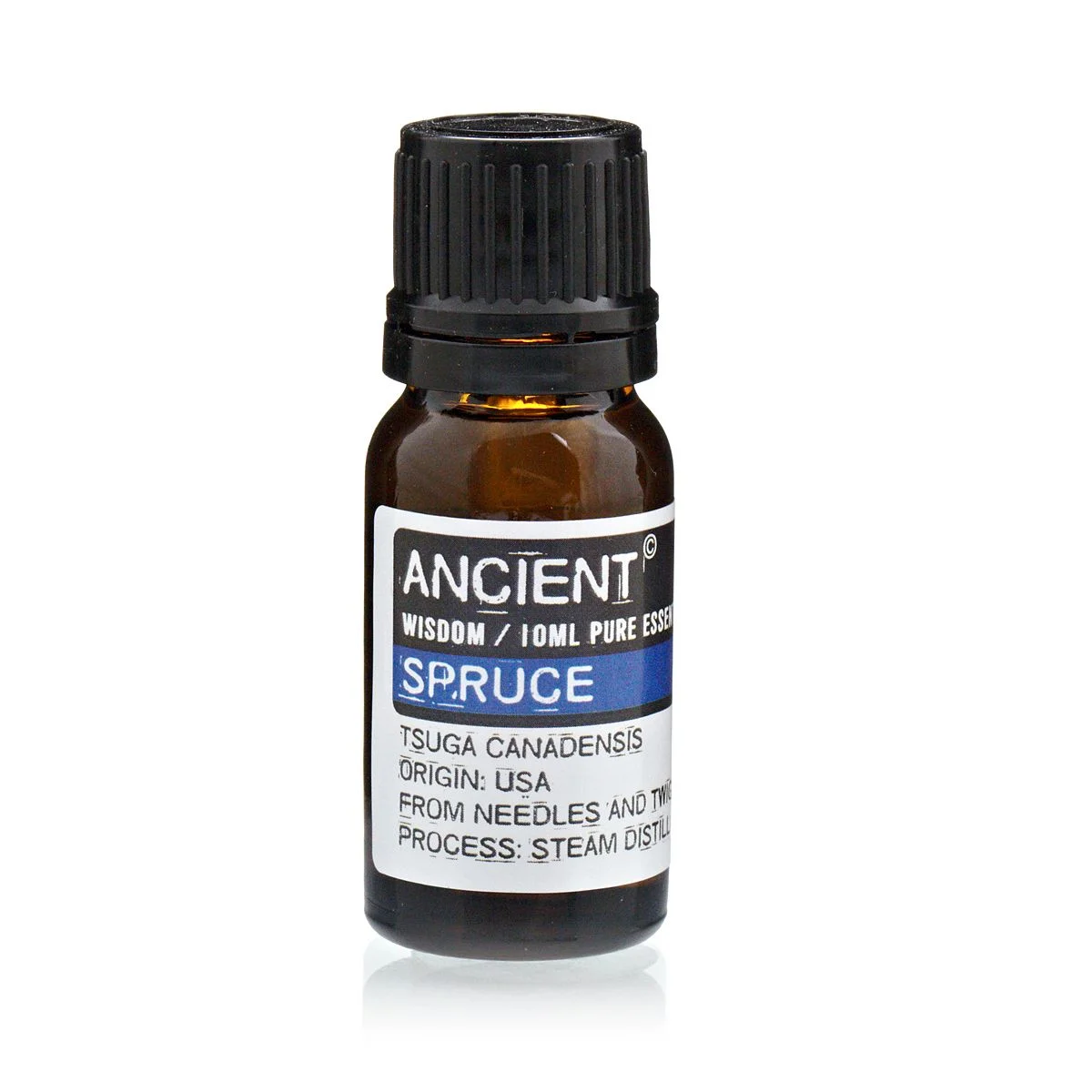 10 ml bottle of spruce essential oil, dark glass, labelled with product name and usage instructions.
