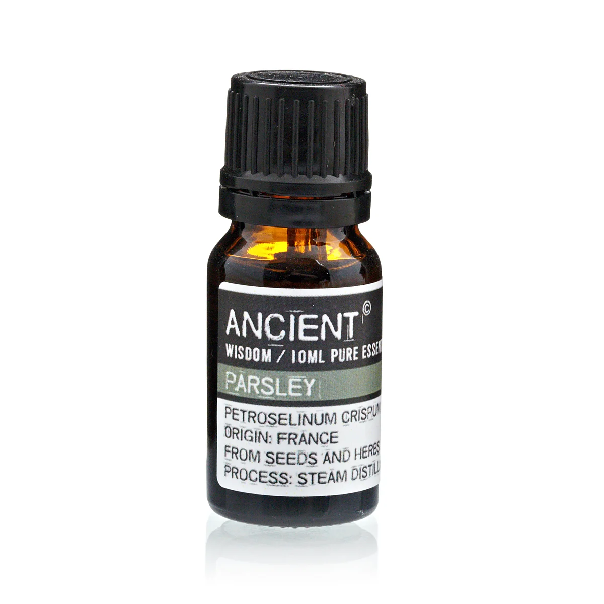 10 ml glass bottle of essential oil parsley, dark label and cap, displayed on a white background