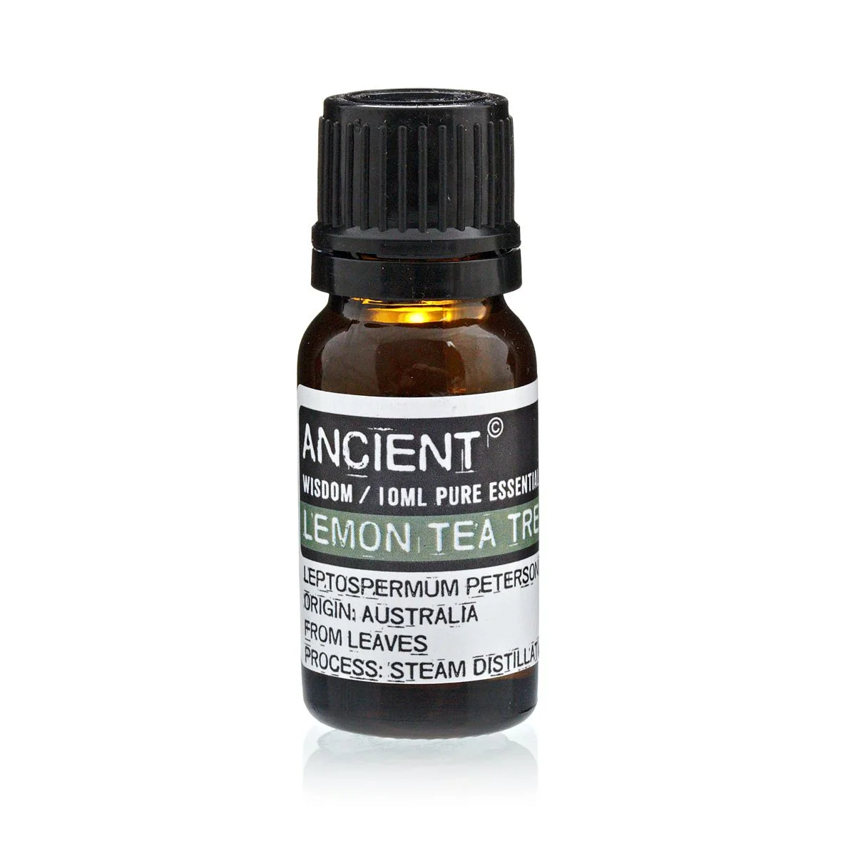 10 ml bottle of lemon tea tree oil, clear liquid in blue glass bottle with screw‑top cap