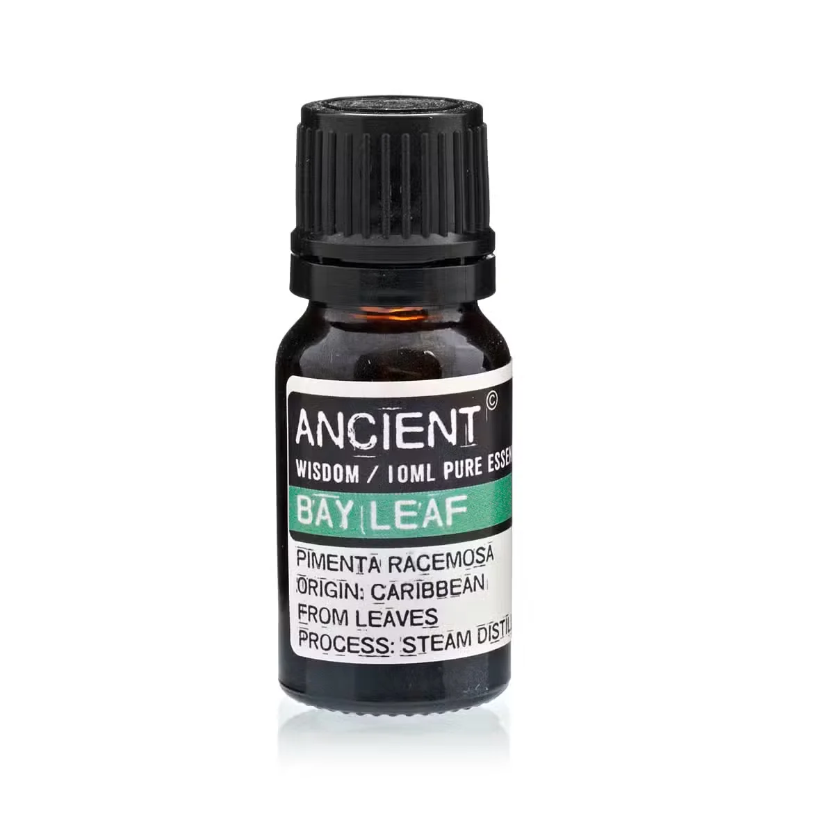 Transparent glass bottle containing 10 ml of Bay Leaf aromatherapy oil with green label and screw‑top cap.