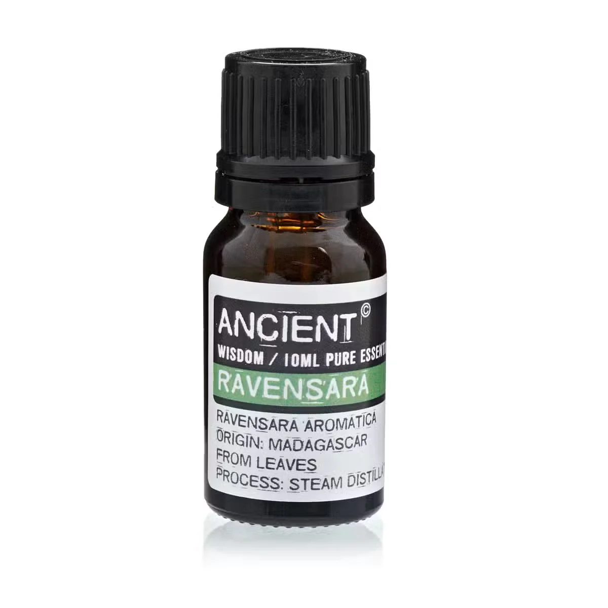 10 ml Ravensara aromatherapy oil in amber glass bottle with clear label