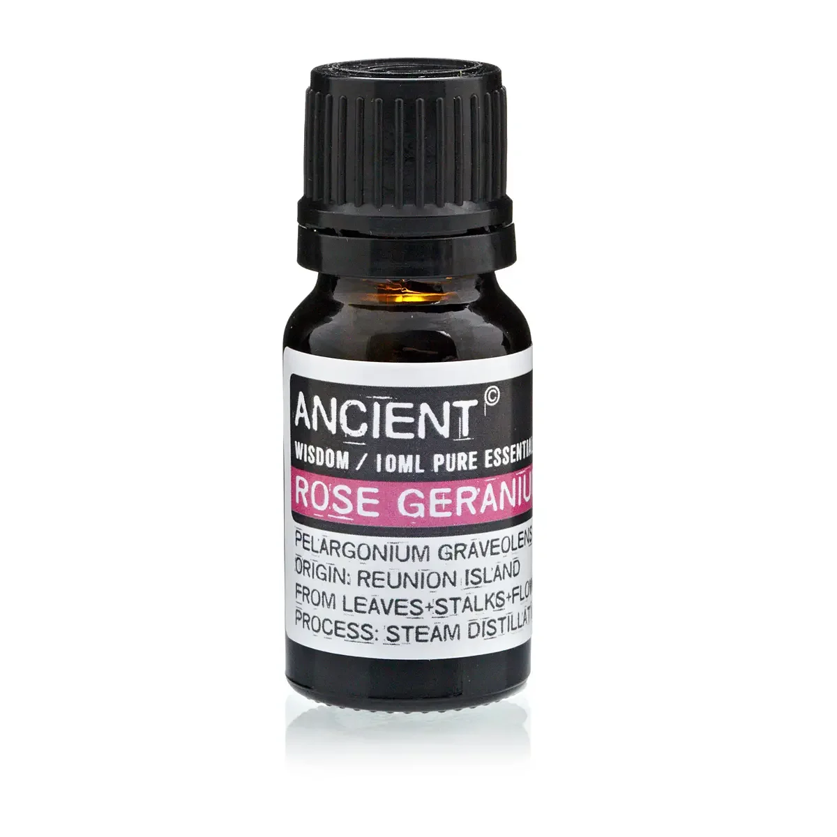 10 ml essential oil in glass bottle labelled Rose Geranium, cap closed