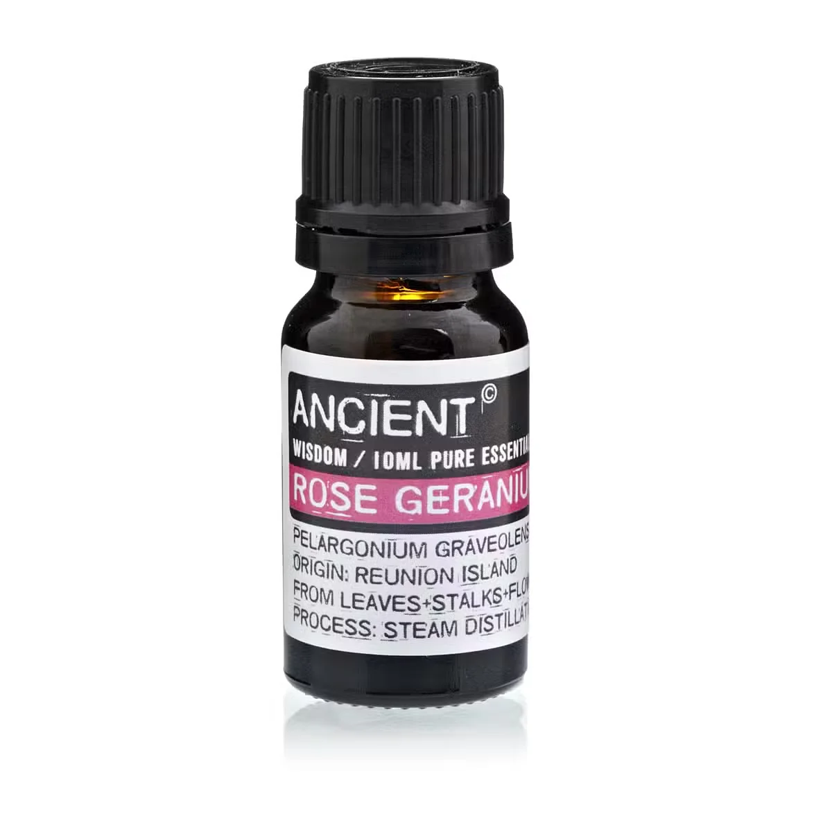 Clear glass bottle 10 ml rose geranium essential oil with dark amber dropper, labelled natural essential oil