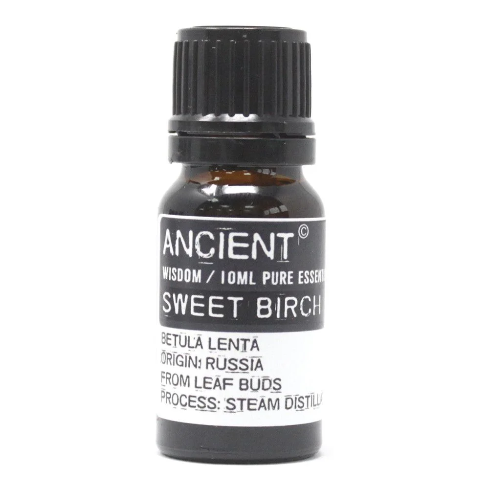 Bottle of 10 ml sweet birch essential oil in clear glass with black cap.