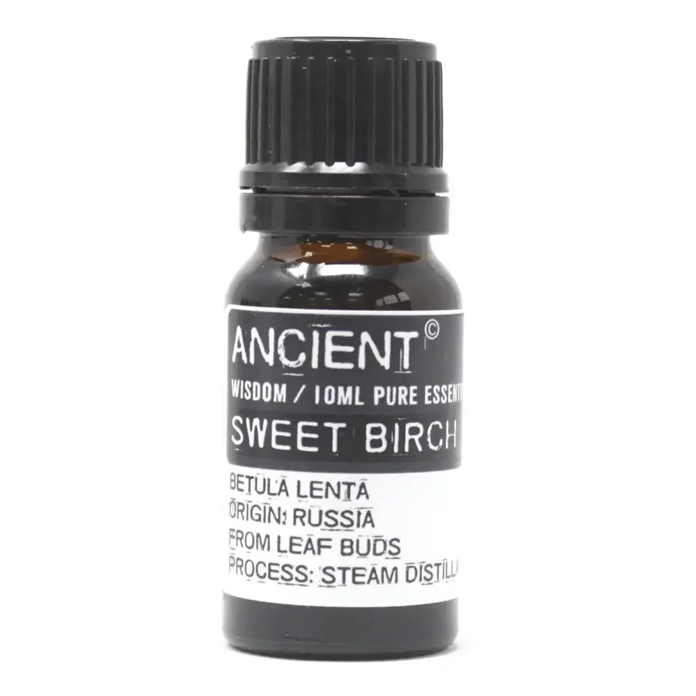 10 ml glass bottle of sweet birch oil with a dropper cap, labelled “Sweet Birch Oil 10 ml”