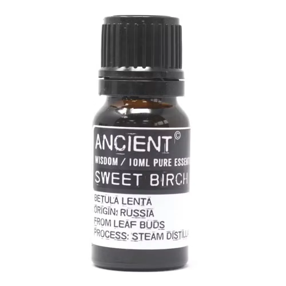 10 ml Sweet Birch Essential Oil in a small amber glass bottle with a green label.