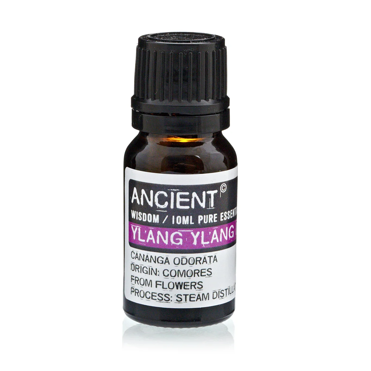 Compact 10ml Ylang Ylang III perfume bottle with clear glass and silver cap, label displaying Ylang Ylang 10ml.