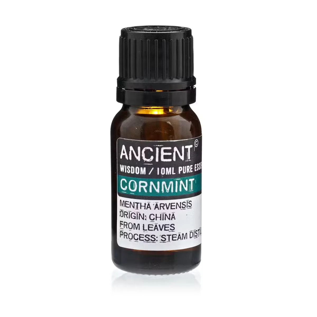 Clear glass bottle of cornmint oil 10ml, labeled Cornmint, with small cap