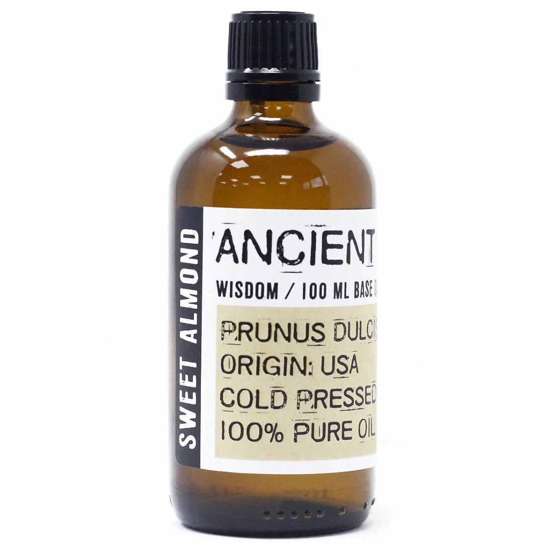 Clear glass bottle of sweet almond oil, 100 ml, labelled on a wooden background