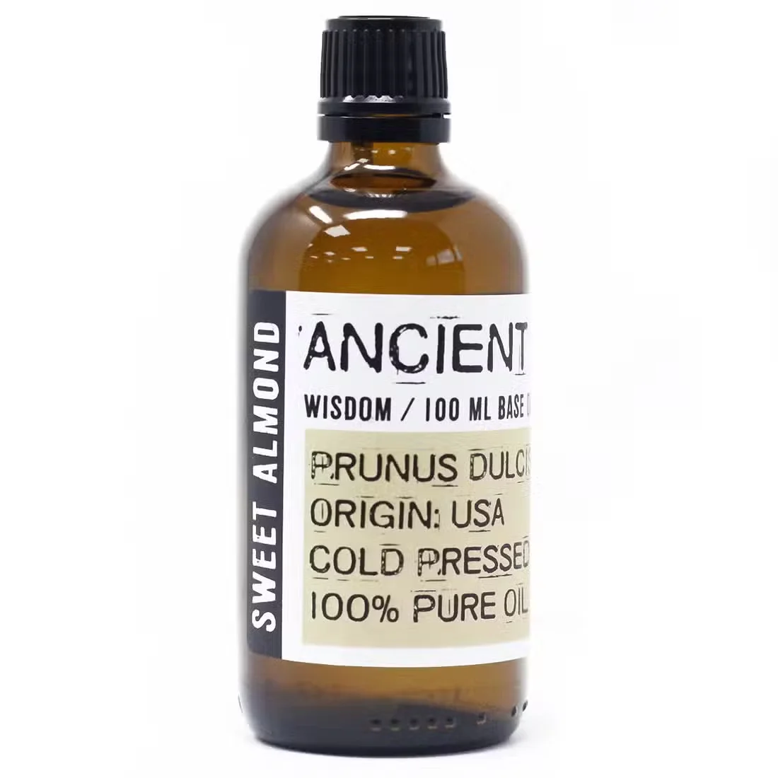 Clear glass sweet almond oil bottle labeled 100ml.