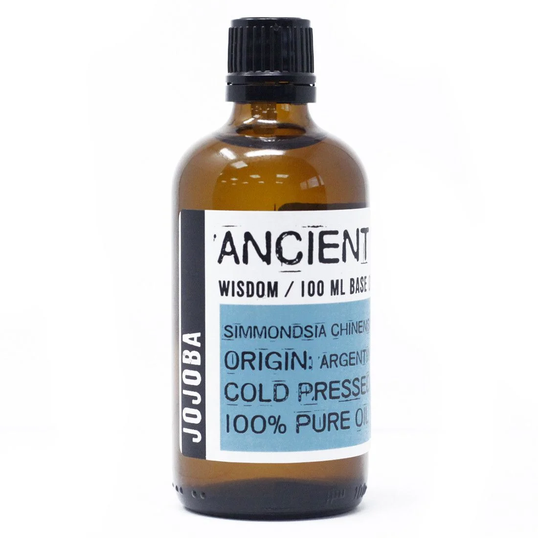 Clear glass bottle labeled jojoba oil 100ml with transparent liquid inside.