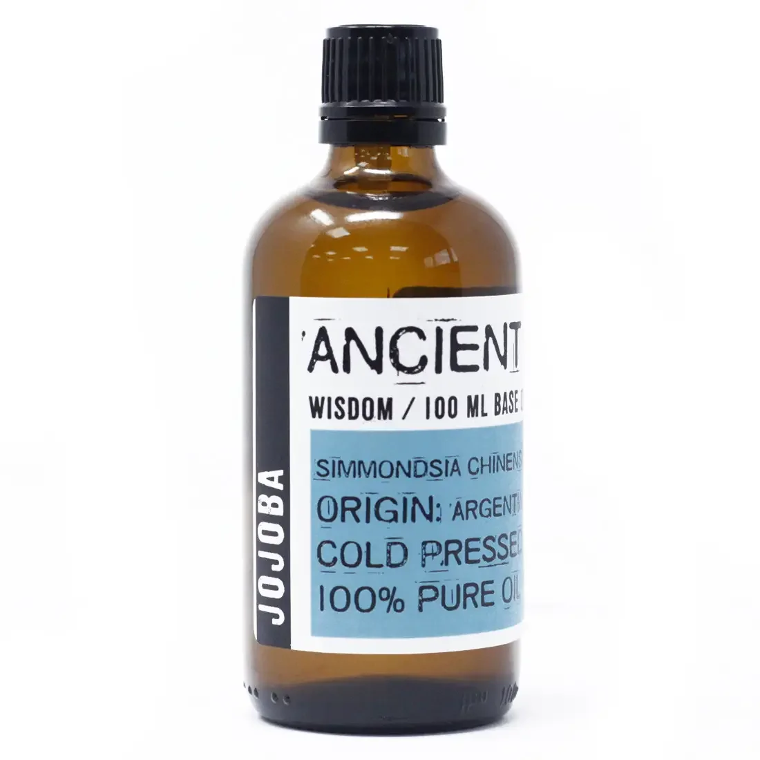 Clear glass bottle of jojoba oil 100ml.