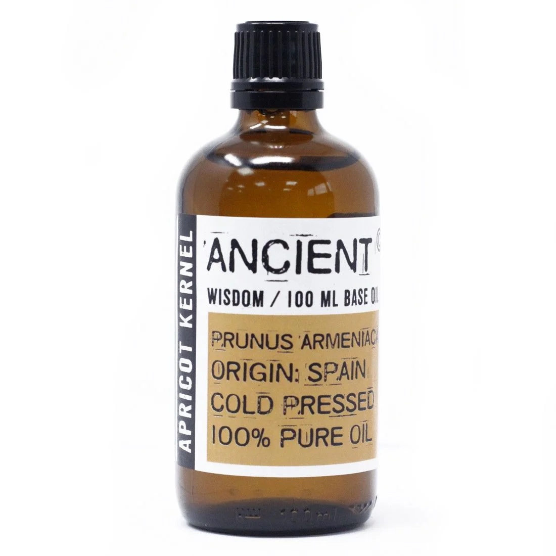 Clear glass bottle of apricot kernel oil 100ml with white label and wooden tapper