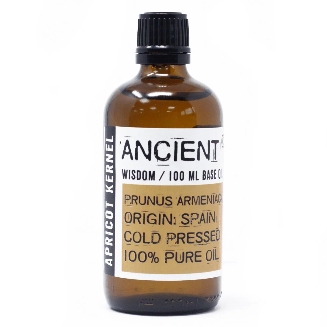 Transparent bottle of 100ml apricot kernel oil with label, resting on flat white surface and sunlight highlighting the clear liquid.