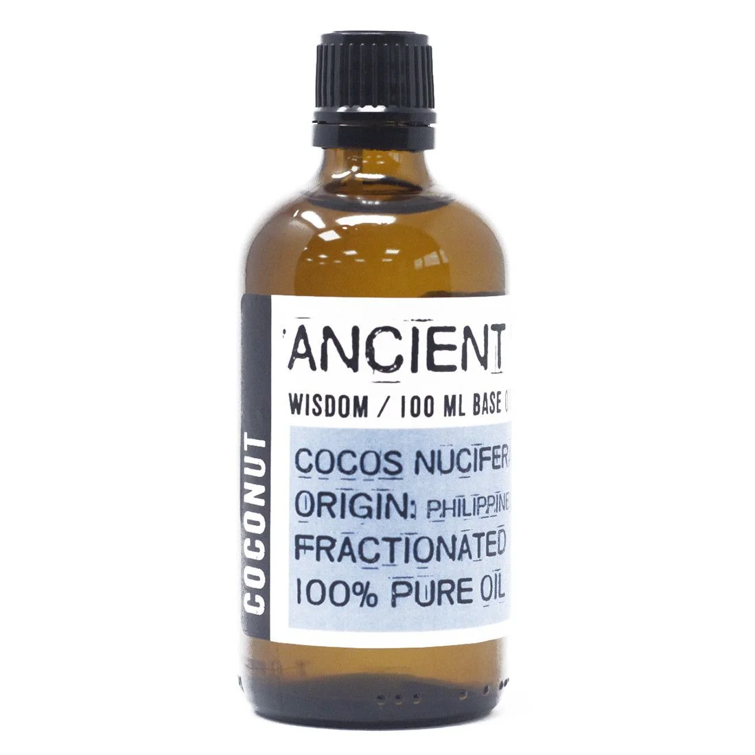 Clear glass bottle of fractionated coconut oil, 100ml label