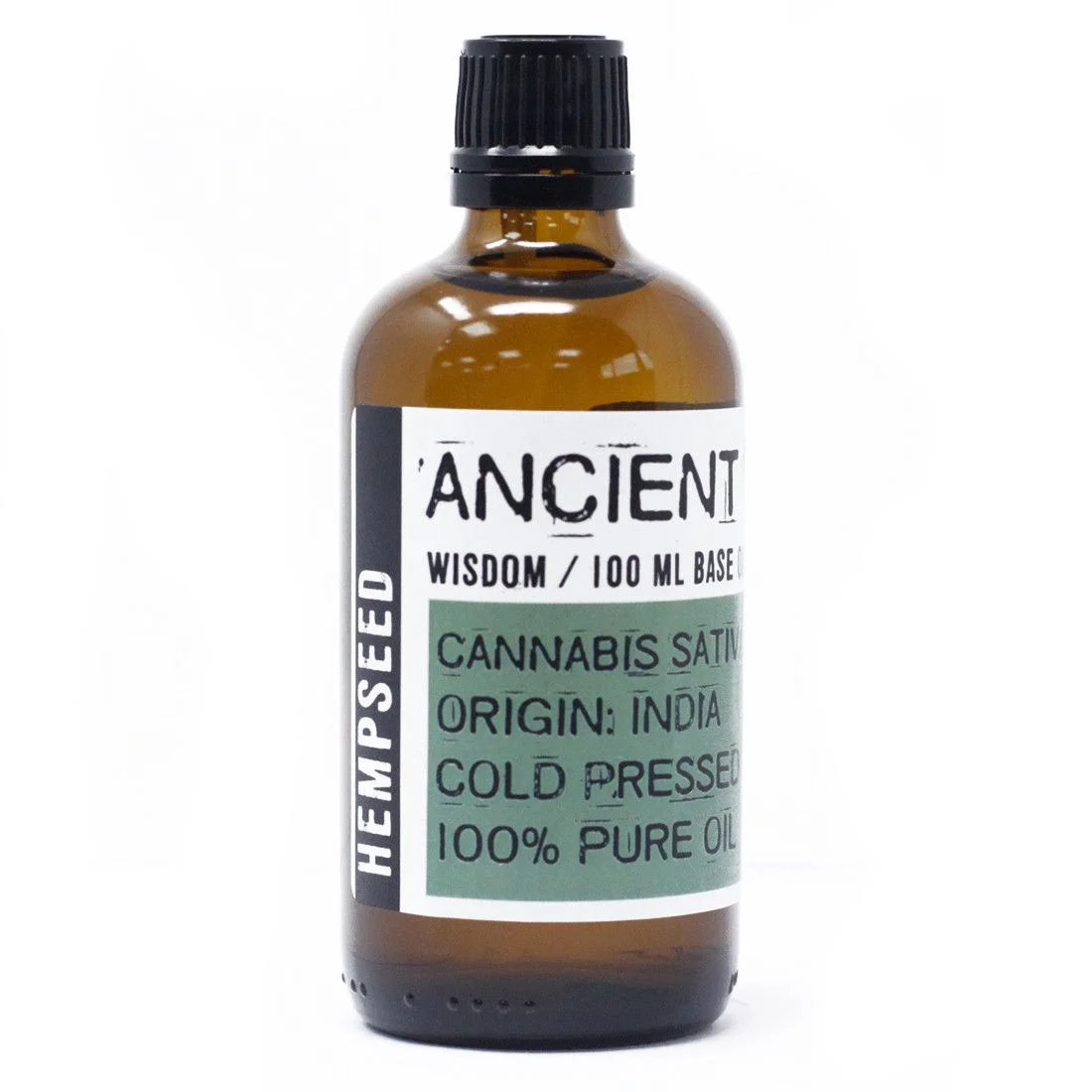 Hempseed oil 100ml bottle shown in clear glass with dark amber cap, liquid visible inside.