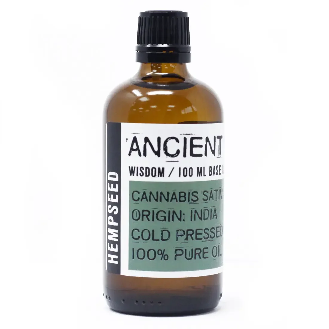 Glass bottle of hempseed oil, 100 ml with a white label.