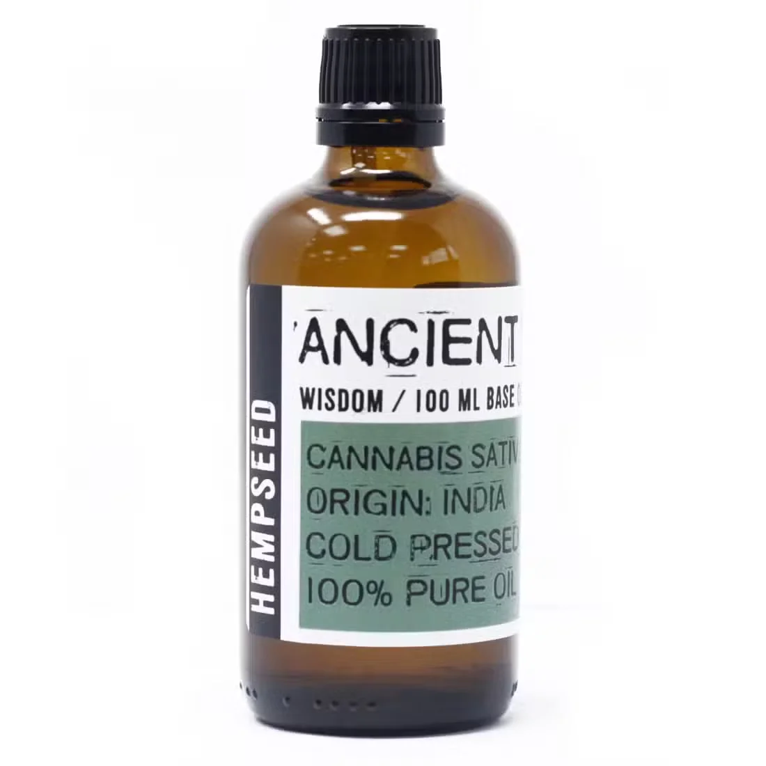 Glass 100ml bottle of hemp seed oil with clear liquid and green cap