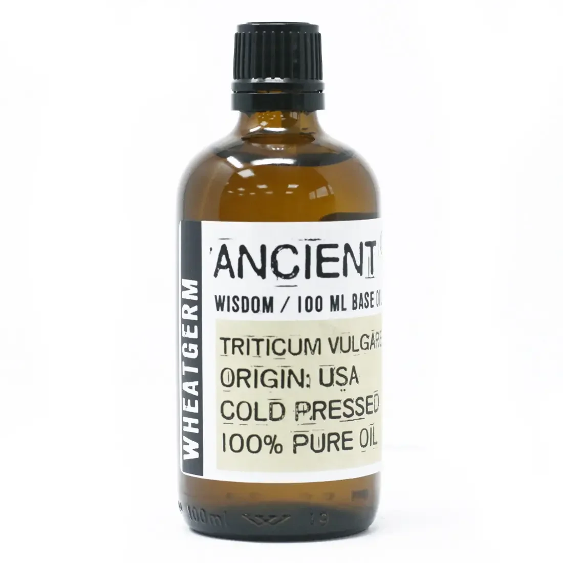Clear glass bottle of wheatgerm oil, 100ml, with label.