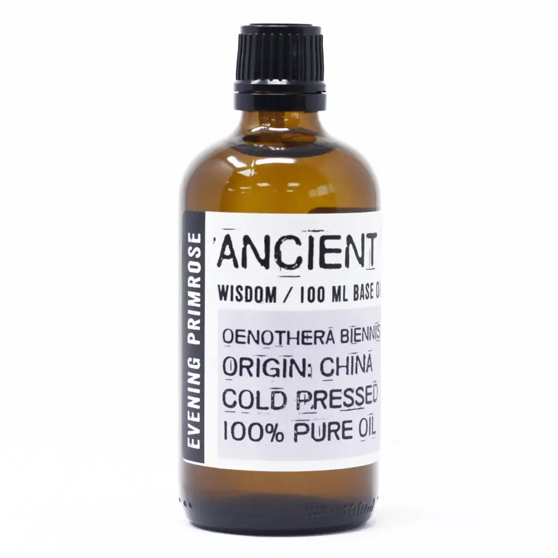 Transparent glass bottle labeled evening primrose oil 100ml, dark amber oil inside, clear label with product name.