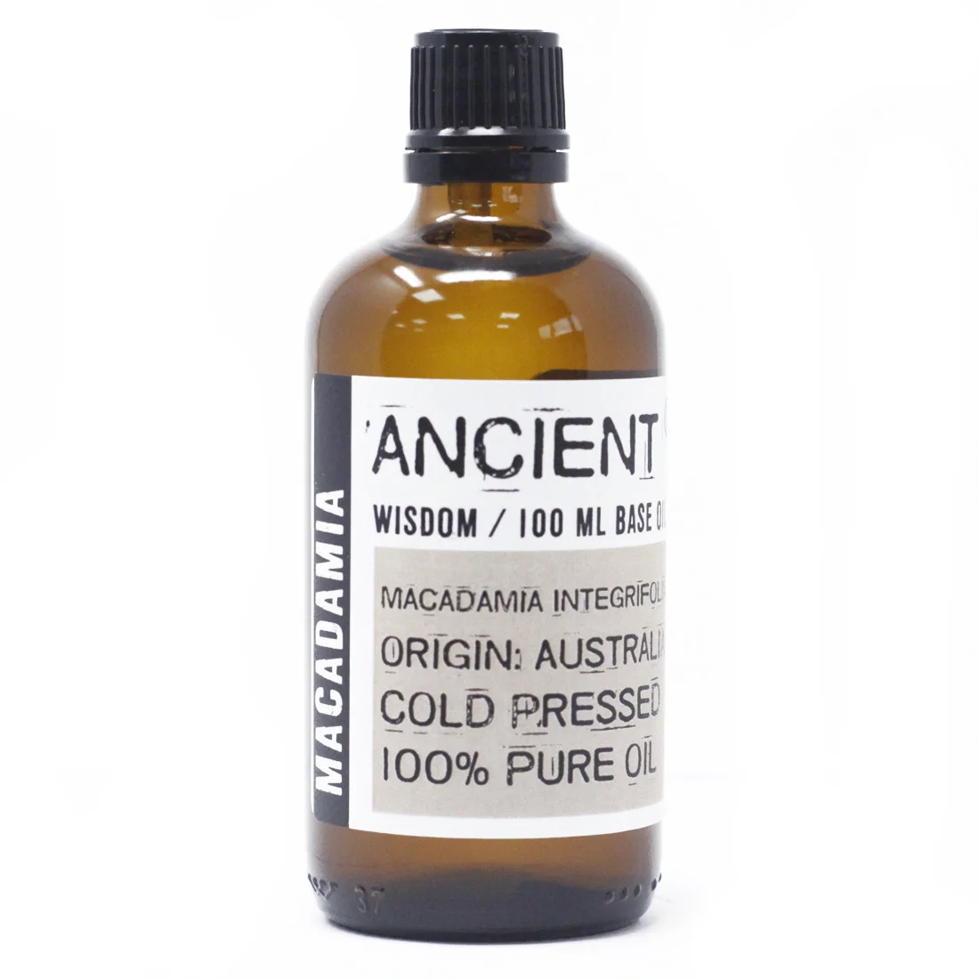 Clear glass bottle of 100ml macadamia oil with label