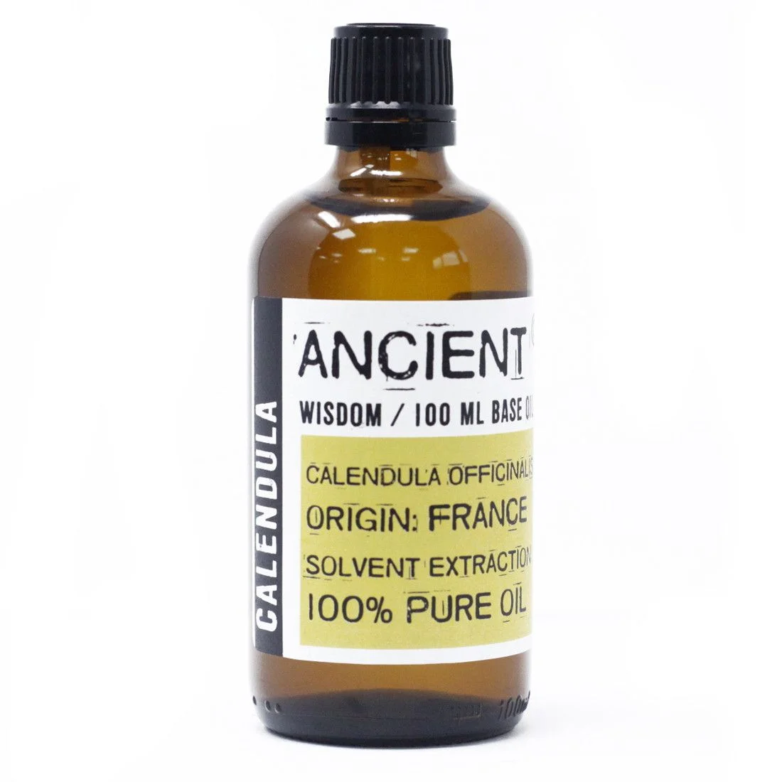Calendula oil 100ml bottle, clear glass container, amber label, greenish liquid inside.