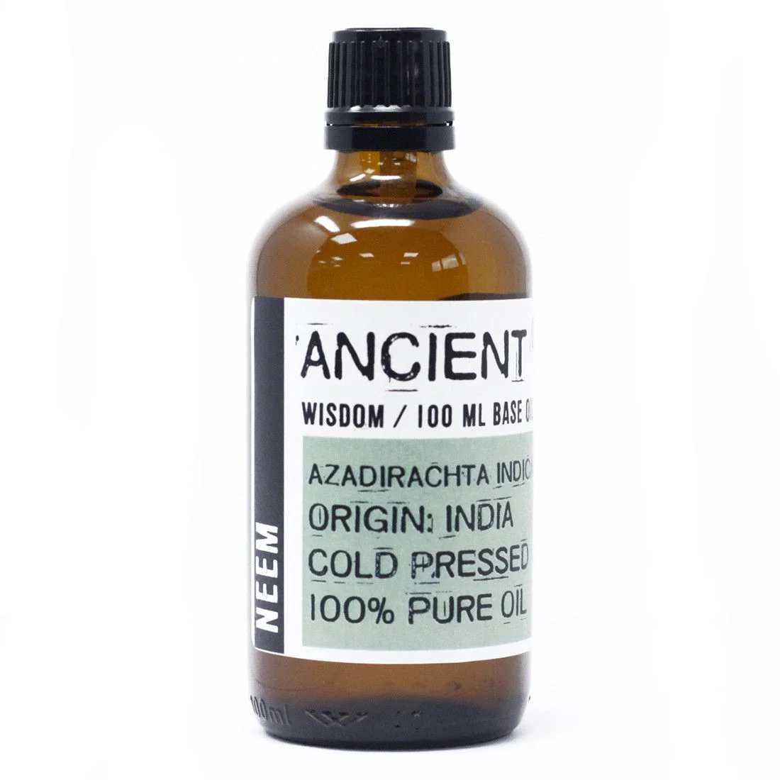 Glass bottle of neem oil 100ml with green label, natural plant‑based oil.