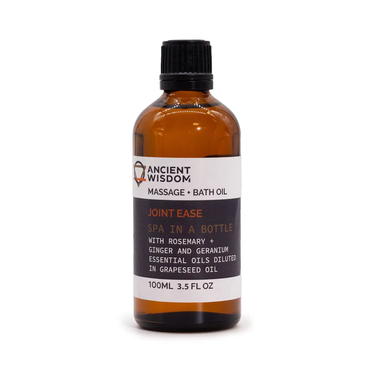 Clear glass bottle of 100ml joints ease oil with small label and flip‑top cap.