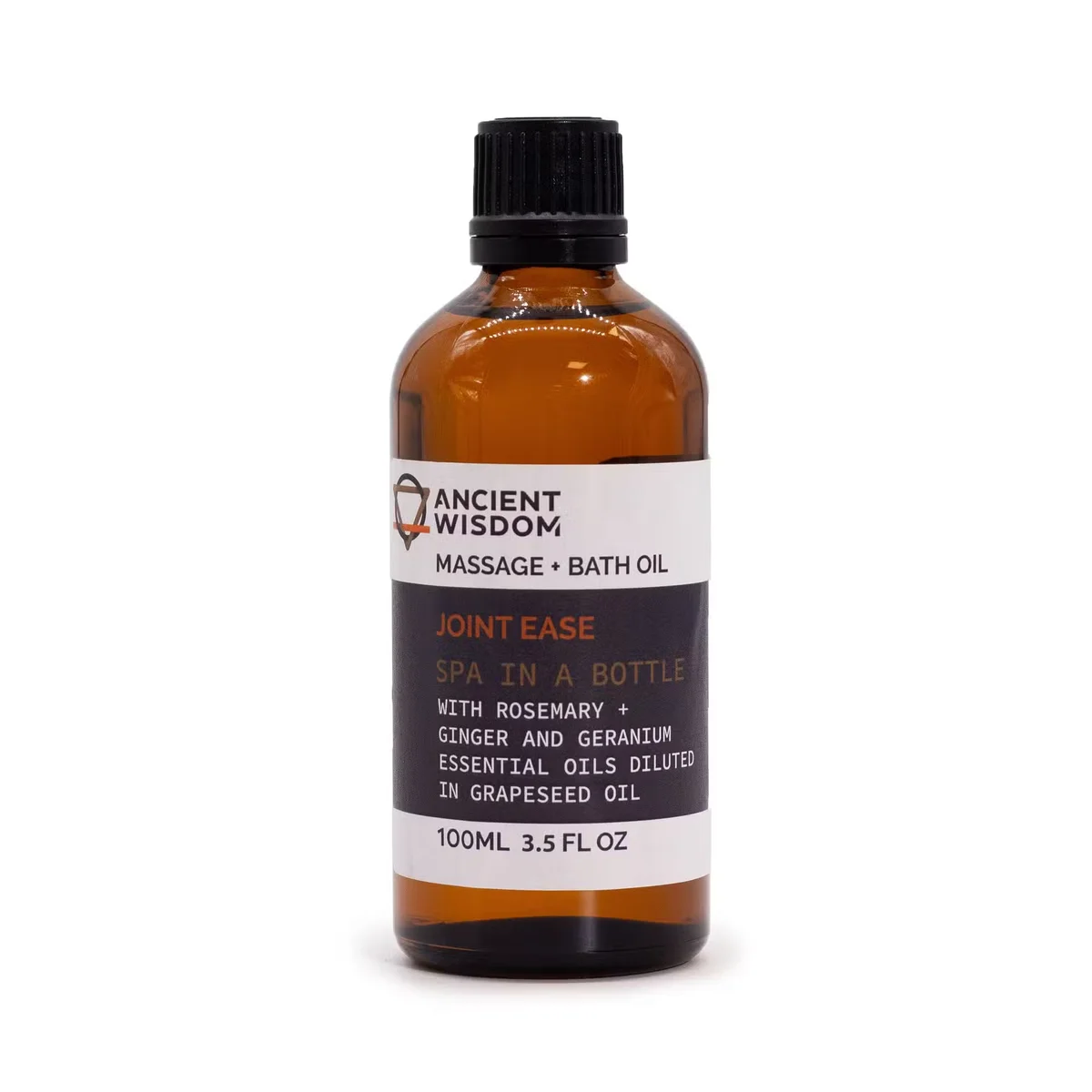 100ml bottle of Joints Ease massage oil, clear glass with dark amber liquid, label indicating essential oil massage