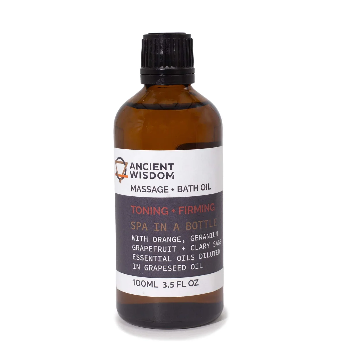 Bottle with label 'Toning & Firming Massage Oil', 100 ml, shown as toning body oil.