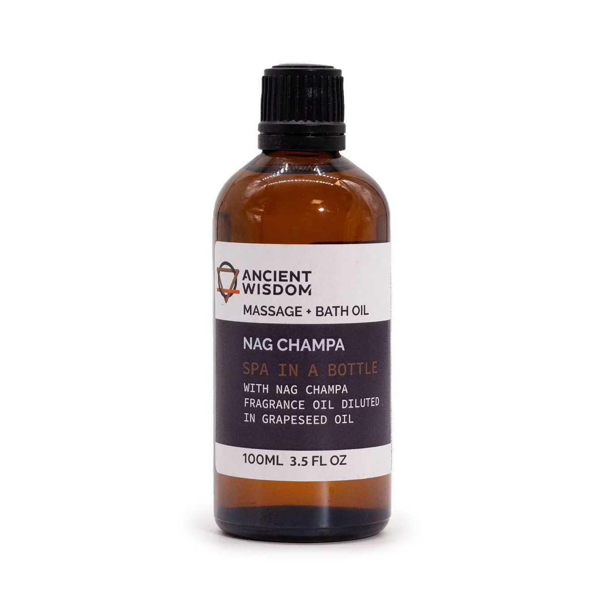 Glass bottle of Nag Champa massage oil (100ml) with dark amber liquid.