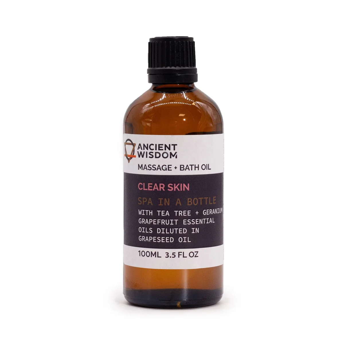 Clear glass bottle of clear skin massage oil, labelled 100ml, positioned against a neutral background.