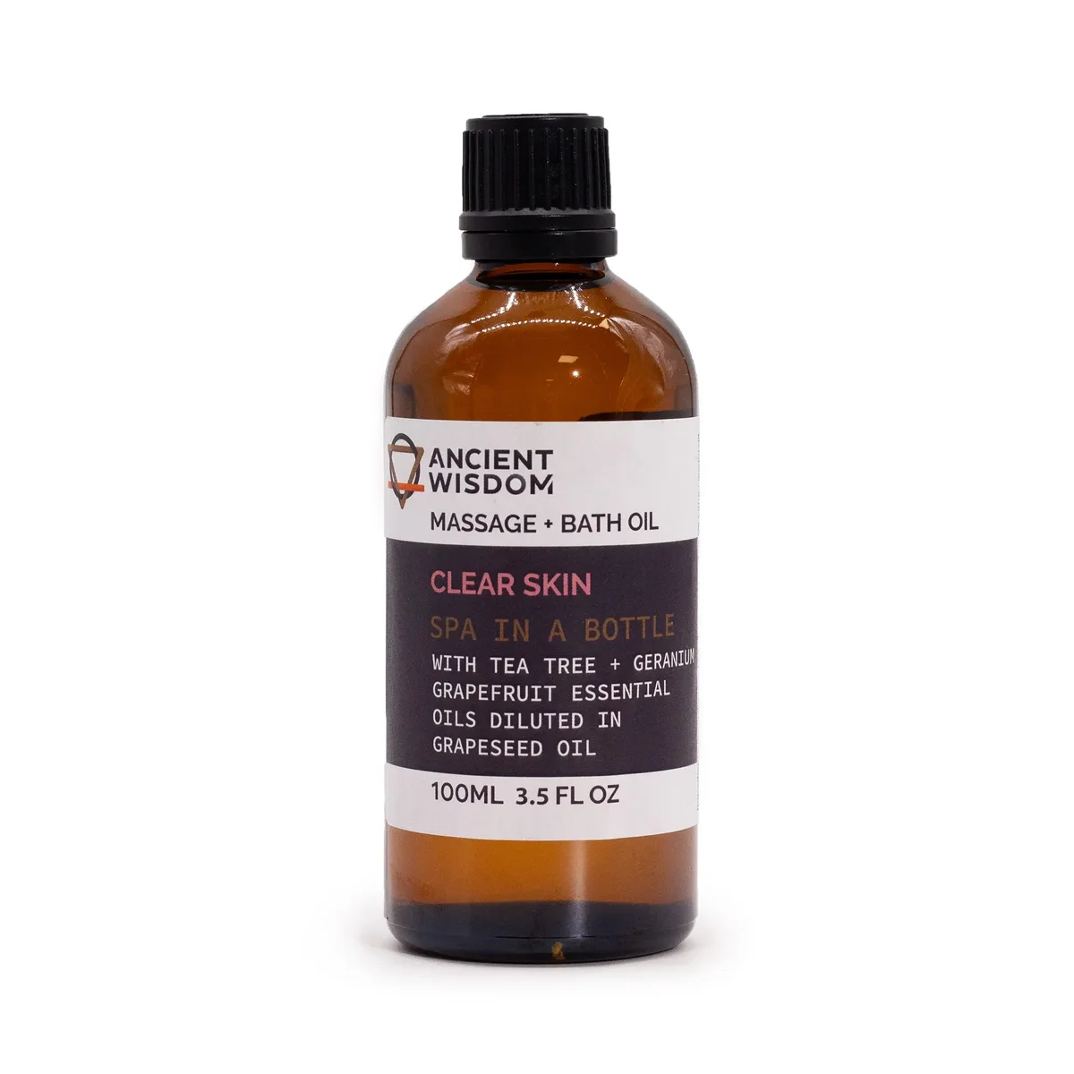 Clear Skin 100ml massage oil in a glass bottle with cap and small label.