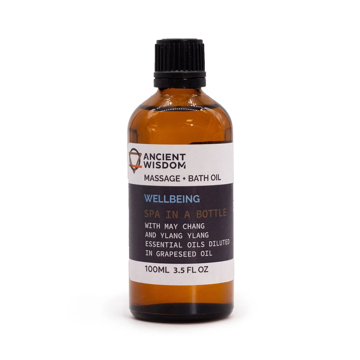 wellbeing massage oil 100ml bottle in a clear glass bottle with rounded cap.