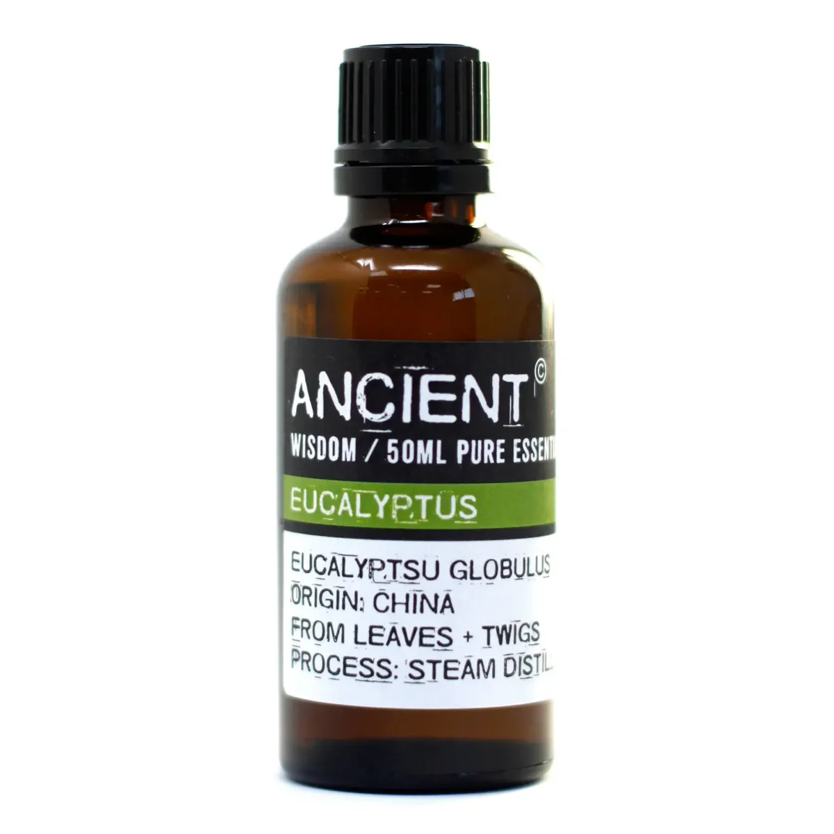Clear glass bottle of eucalyptus oil 50ml with a white label and green cap.