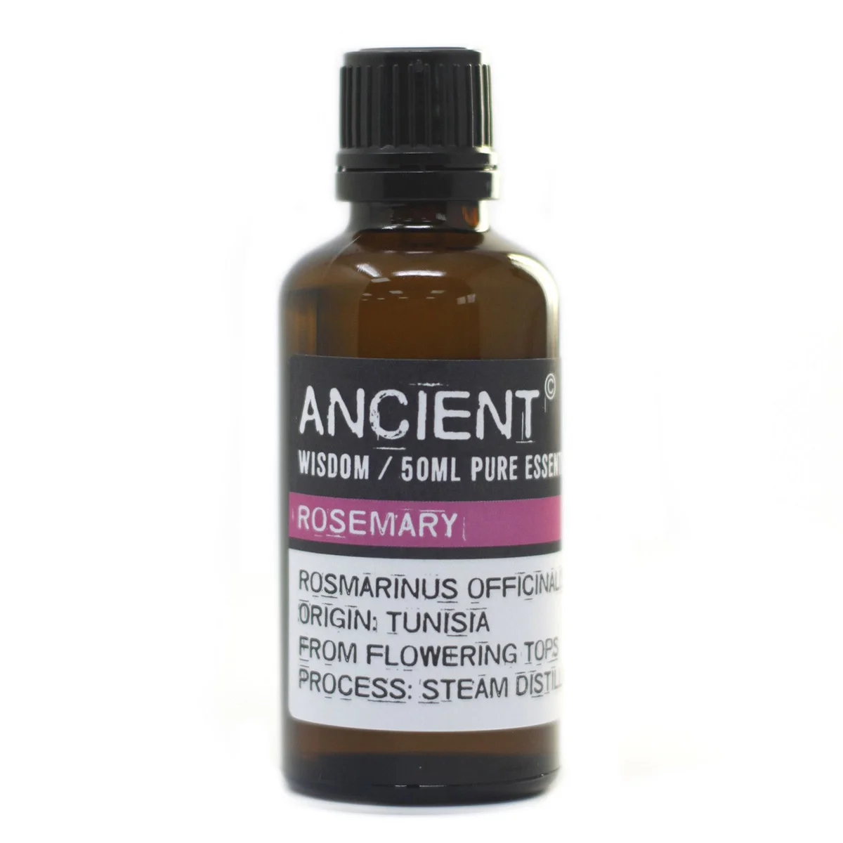 Clear glass bottle 50ml of rosemary essential oil with label showing brand and fragrance.