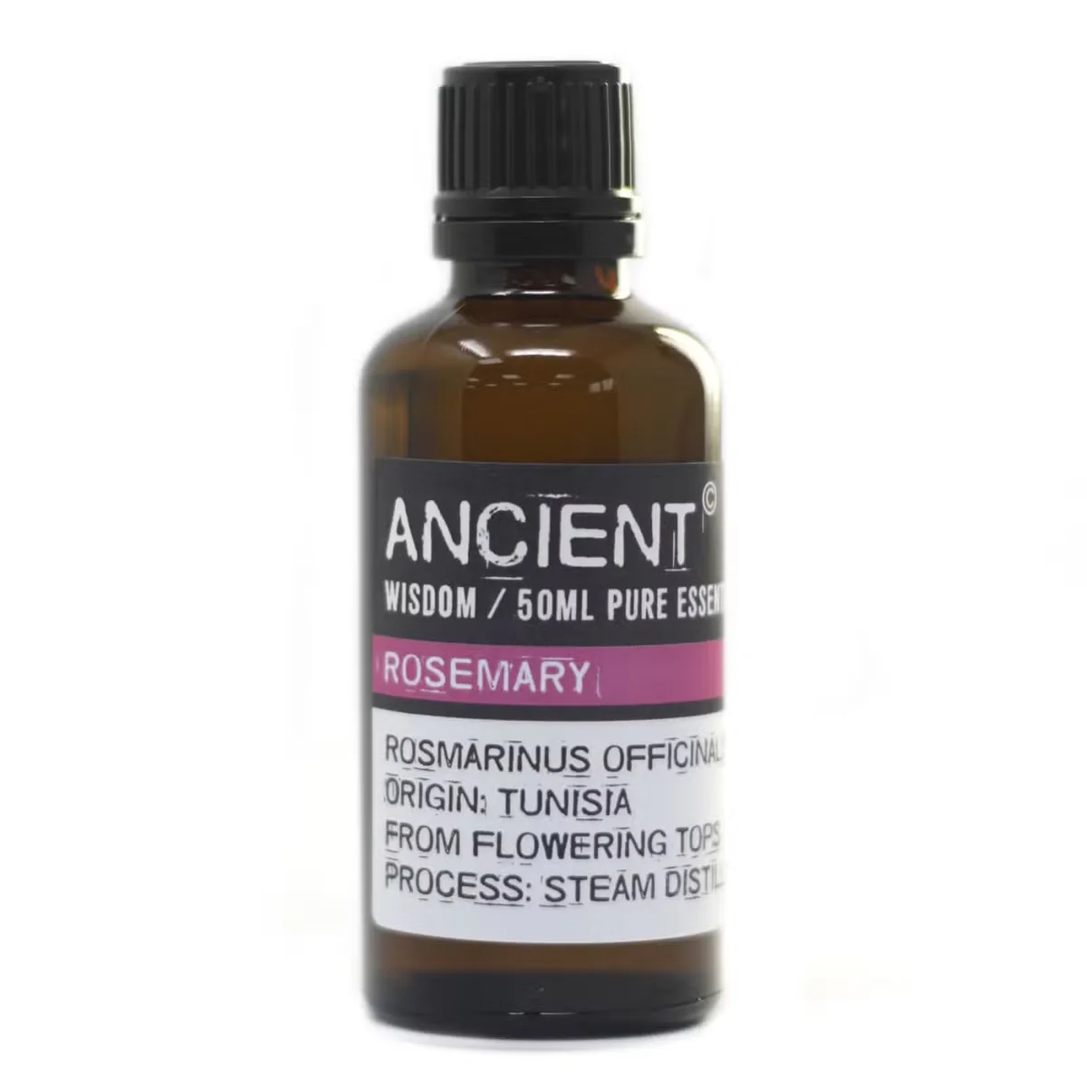 Clear glass bottle of aromatherapy rosemary oil, labeled 50ml.