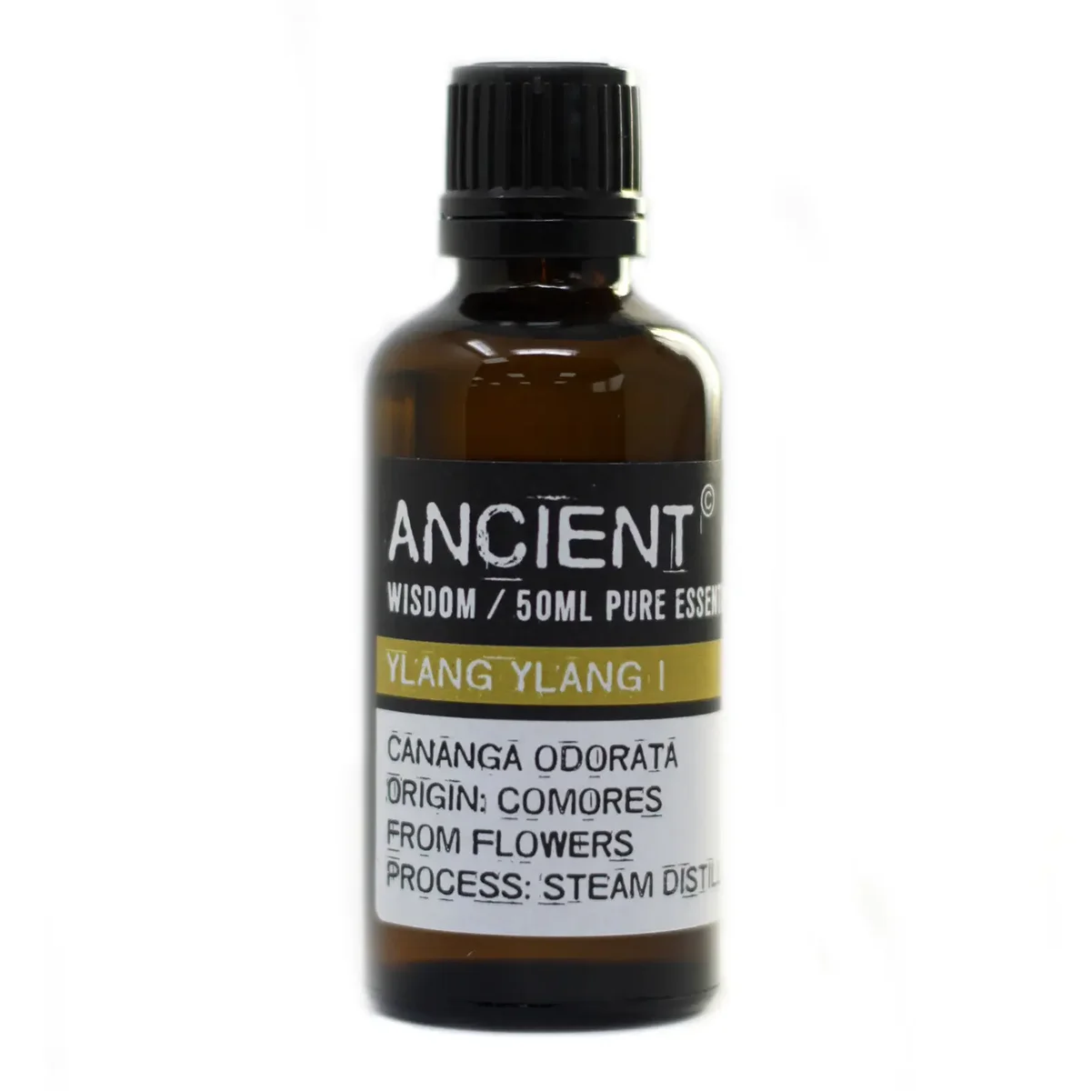 Transparent 50ml bottle of ylang ylang oil with black label