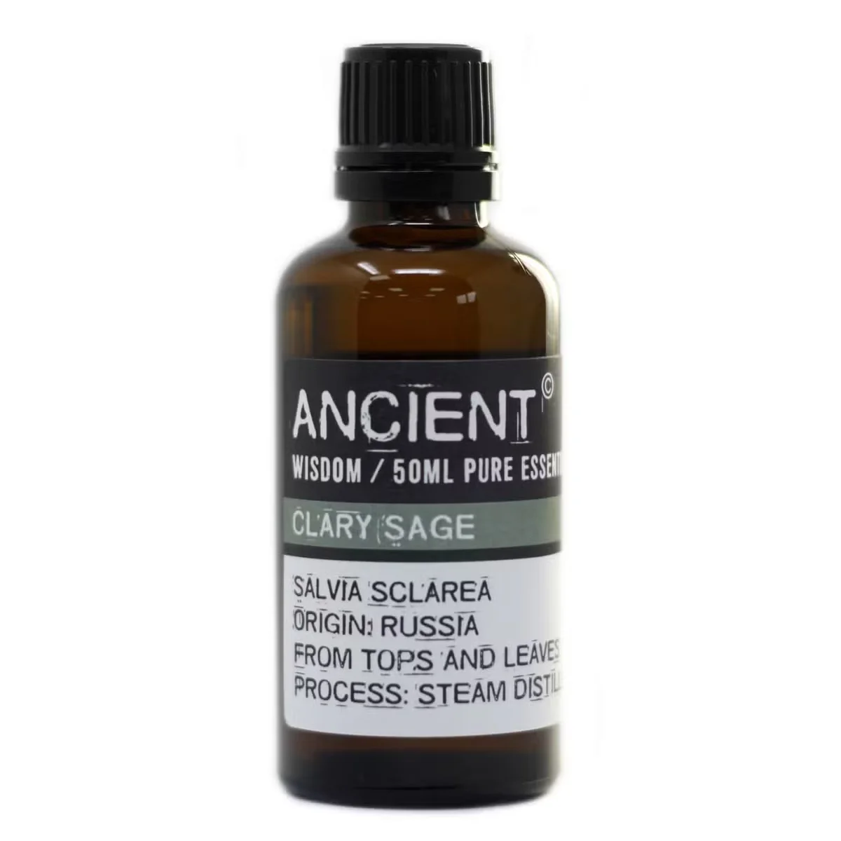 Clear glass bottle of Clary Sage 50ml with silver cap, displayed on neutral background.