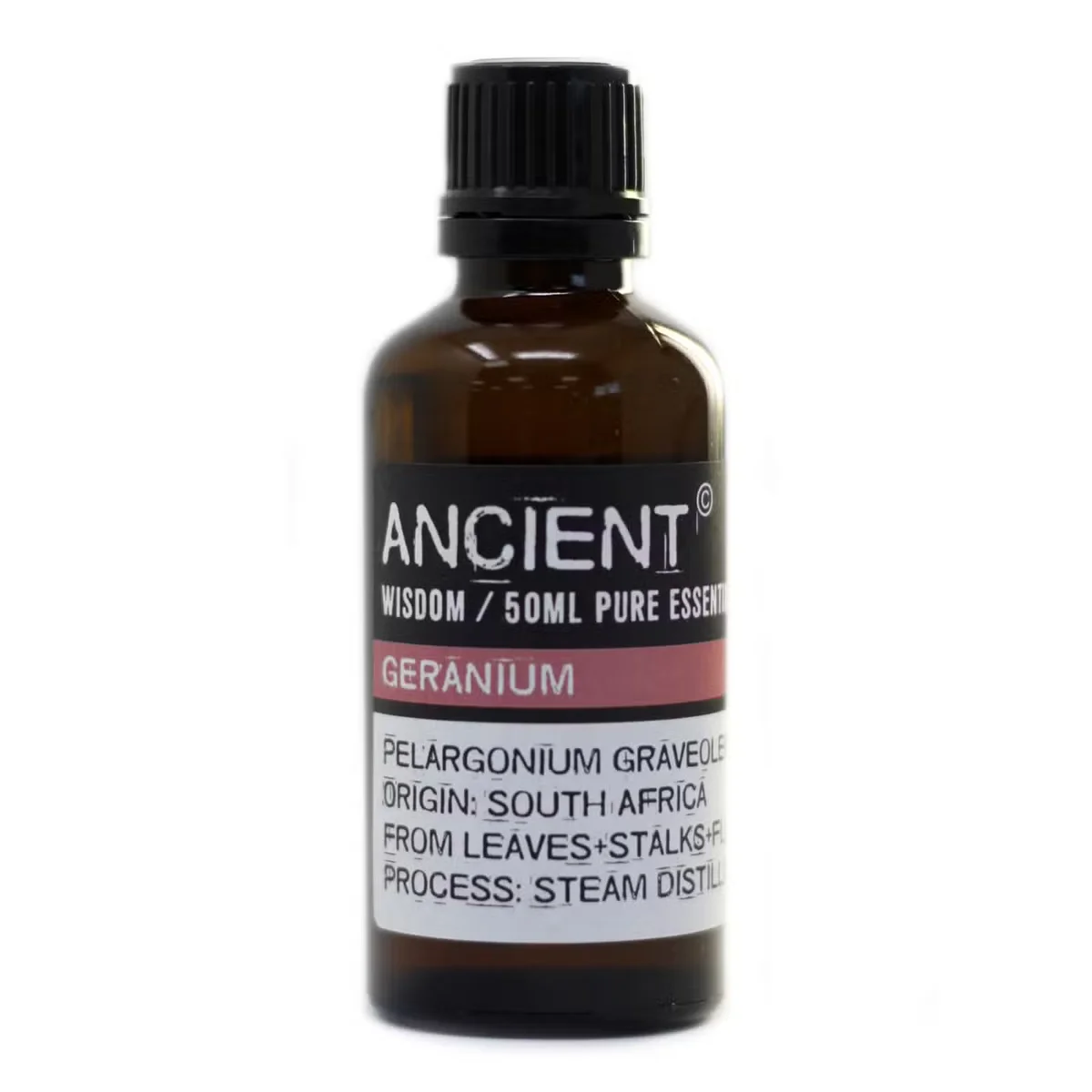 Clear glass bottle containing geranium fragrance oil, labeled Geranium (Egypt) 50ml.