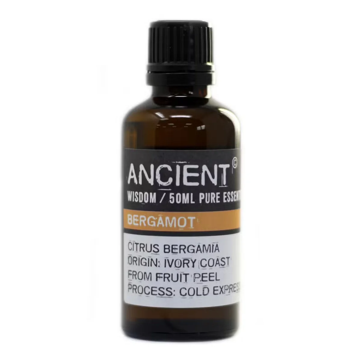 Glowing amber bottle of bergamot FCF oil 50ml.