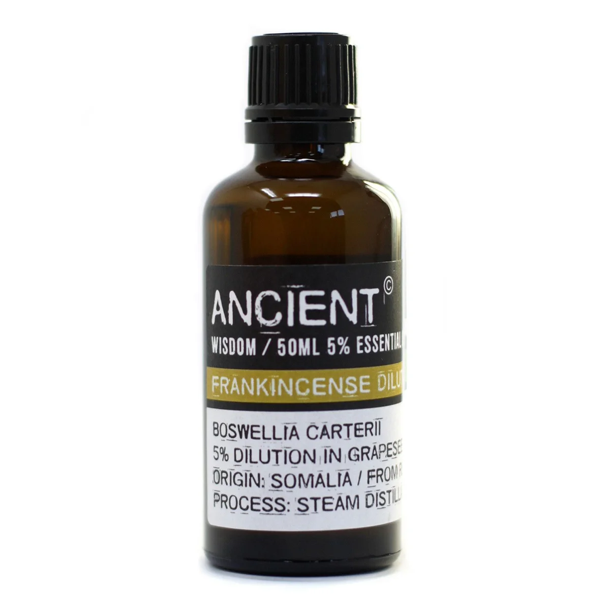 50ml bottle of diluted frankincense oil in clear glass.